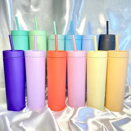 16 Oz Acrylic Skinny Tumbler Straws Cup with Lids Drinkware Fruit Juice Bottle Double Wall Plastic