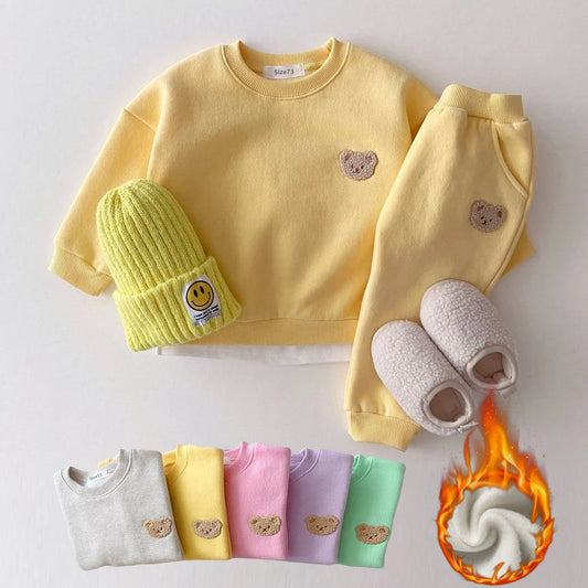 Korean Winter Warm Velvet Newborn Set Little Bear Embroidery Sports Pullover Top+Pants